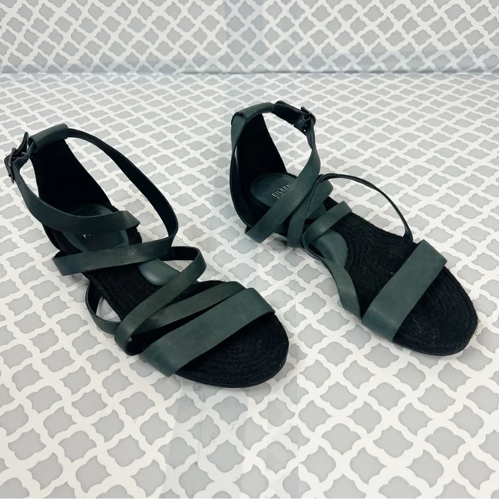 EUC Eileen Fisher Grey Nubuck Leather Strappy Espadrille Ankle Strap Sandal